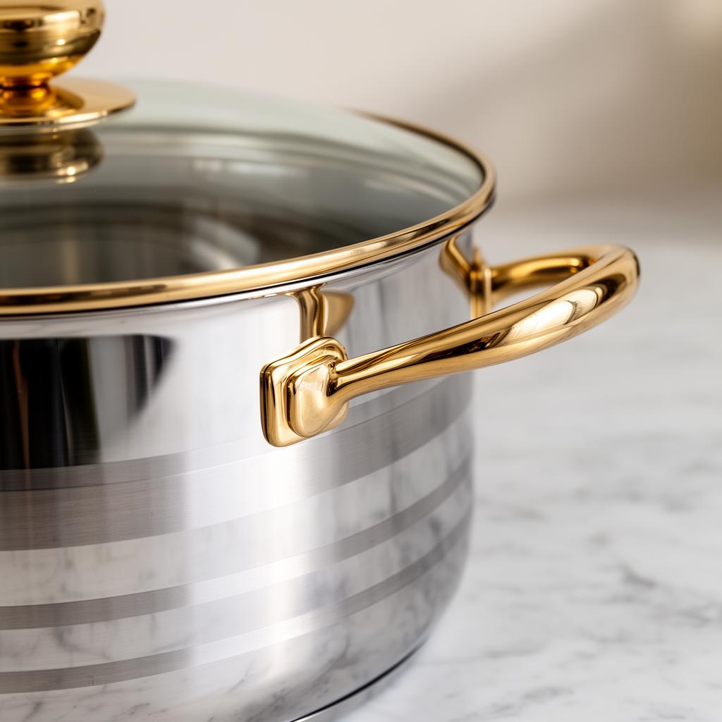 Detalj inox posuđa sa zlatnim ručkama